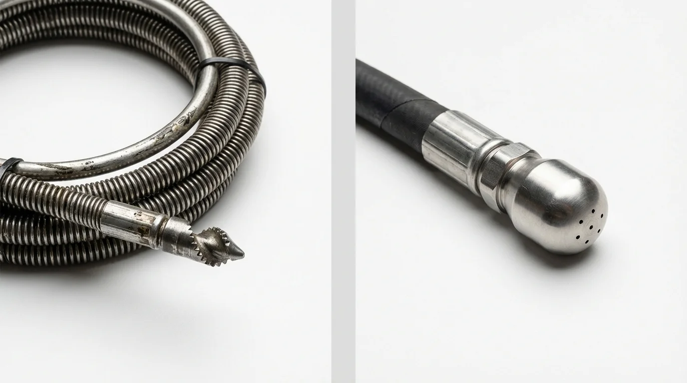 Drain snake cable and hydro jetting nozzle used for drain cleaning in Artesia, CA