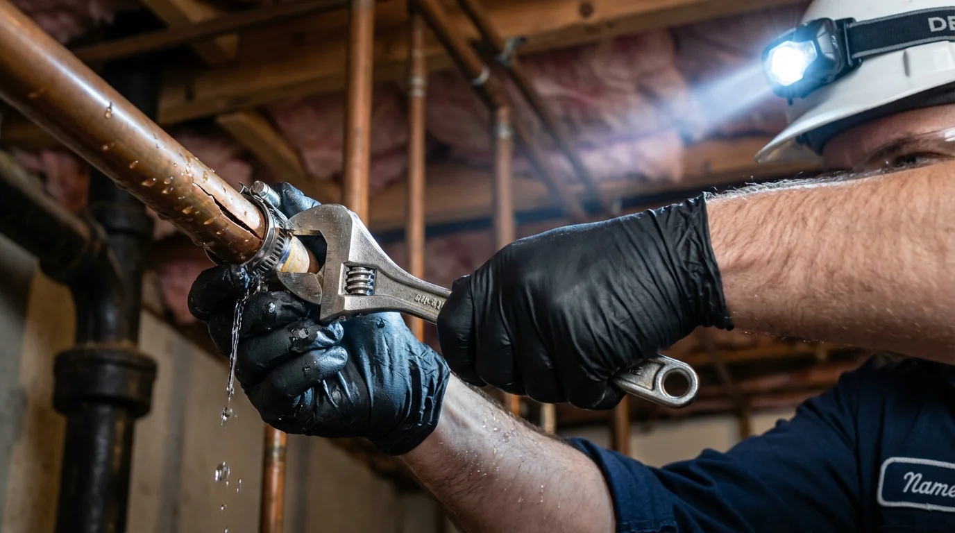 Emergency pipe clamp repair being performed by a Johns Plumbing LLC plumber in Artesia
