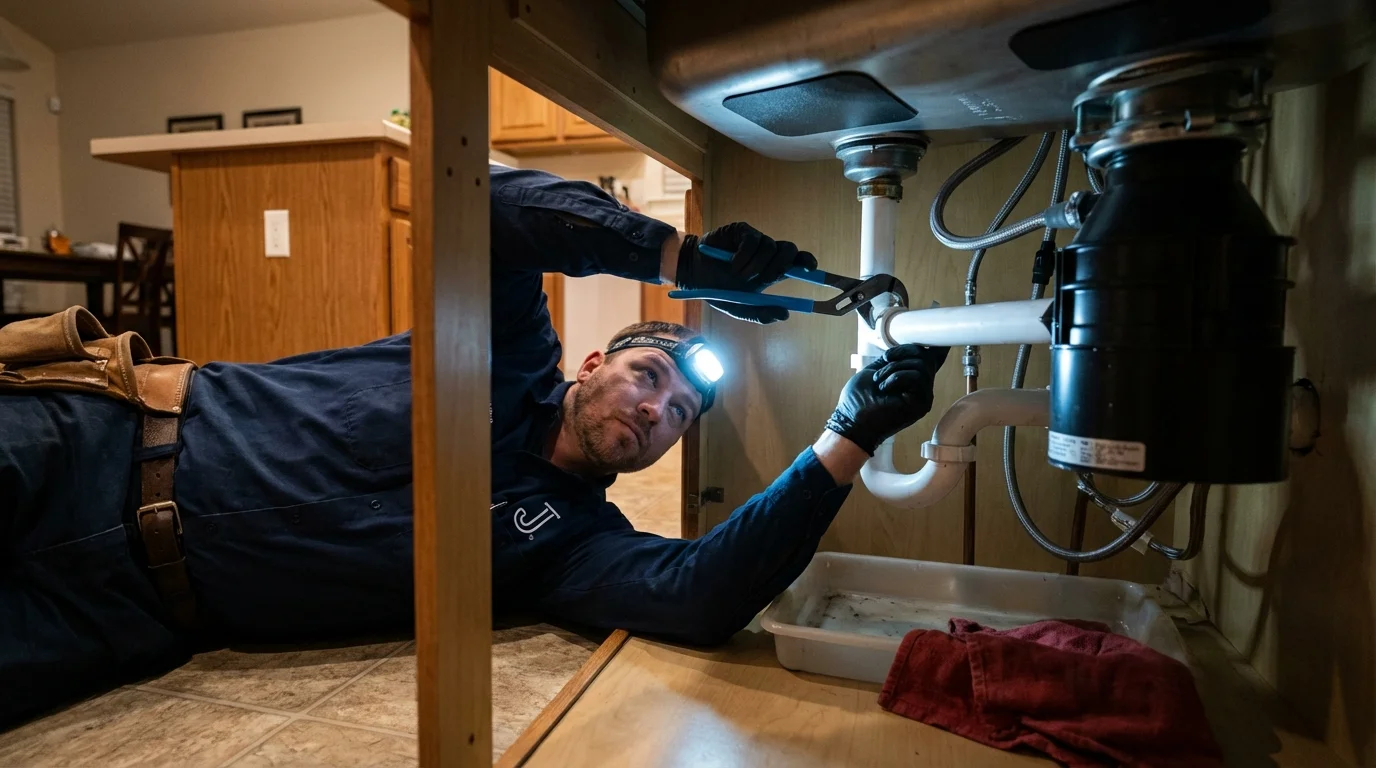 P-trap and supply line connections under a kitchen sink showing a common leak point in Artesia, CA